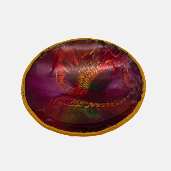 Vintage Foil Art Trinket Dish Bowl Abstact Snake Design Red & Yellow 4.5" Across - Picture 1 of 5